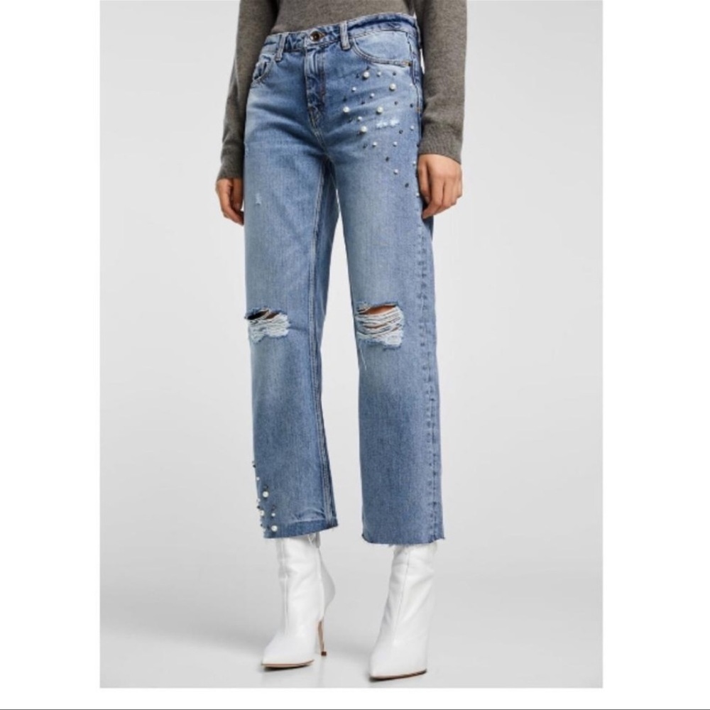 Zara Basic Z1975 Denim Straight Pearl Distressed Embellished Jeans 2